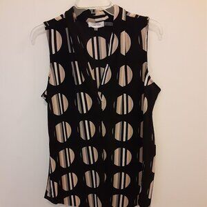 Calvin Klein (M) Black w/Beige Circles & Grey Lines. V Neck, Sleeveless Tunic.